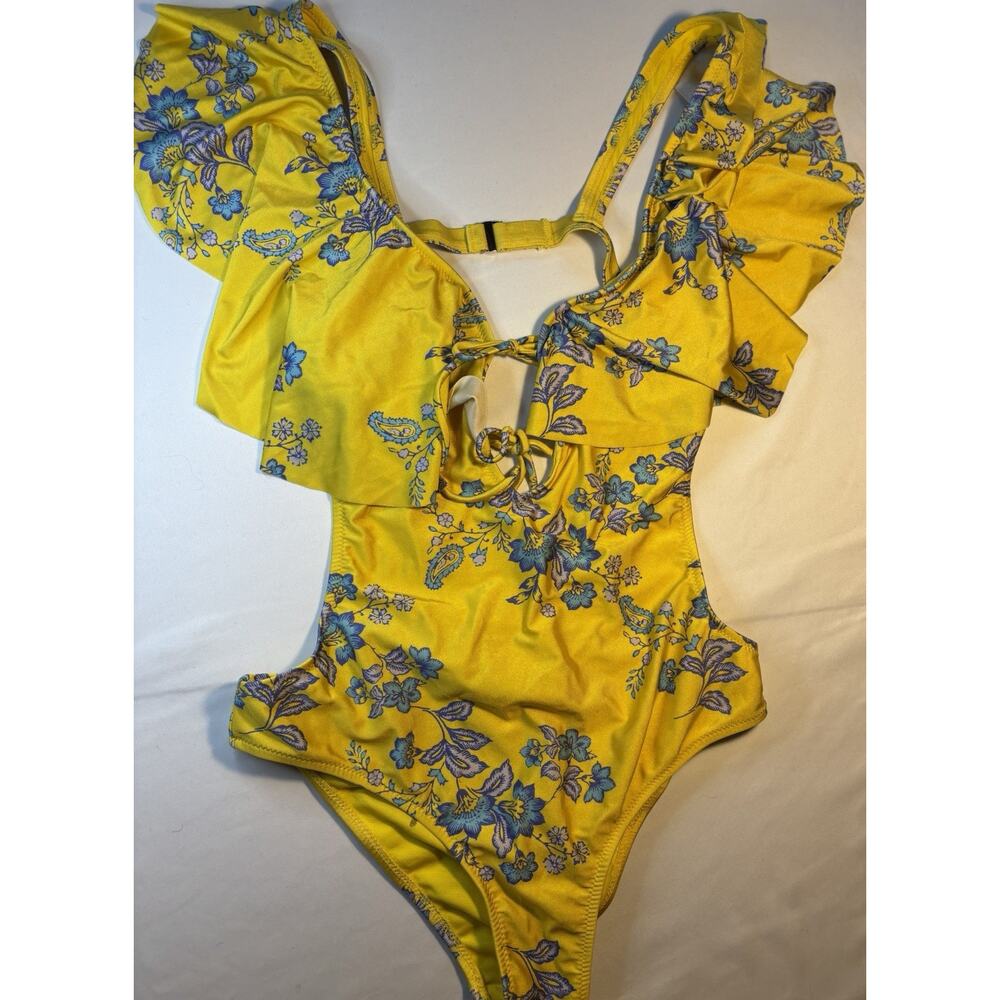 Designer Sam Edelman Floral Ruffle One-Piece Swimsuit Yellow/Blue/Purple M